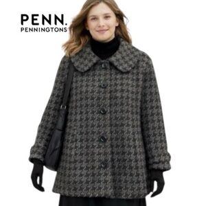 3X PENN Black and Gray Houndstooth Wool Blend Swingy Coat with Statement Collar